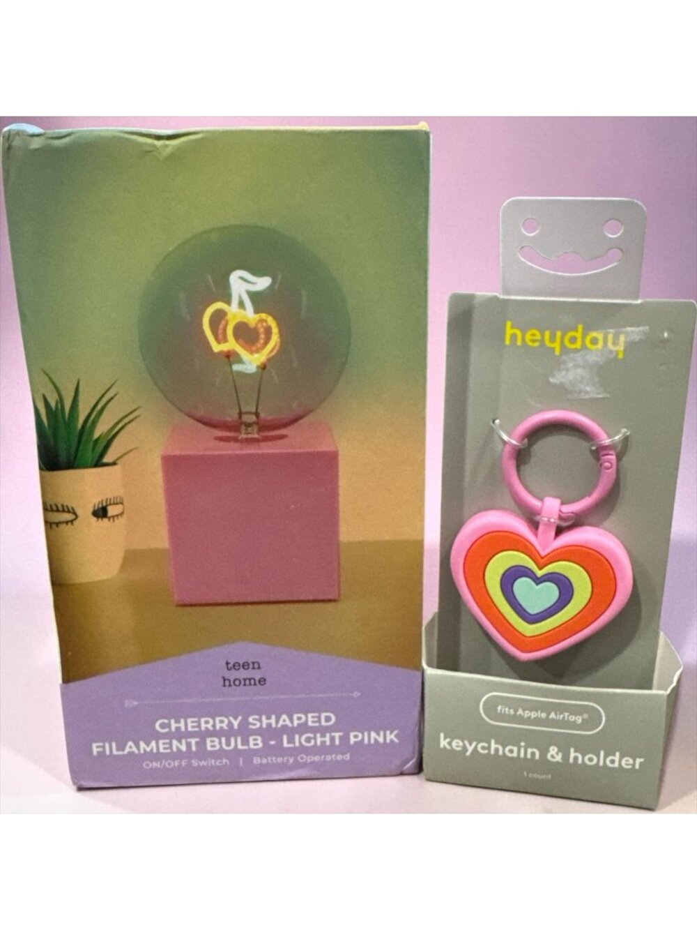 Cherry Shaped Light Pink Neon Bulb & Pink Rainbow Heart AirTag Keychain Holder -